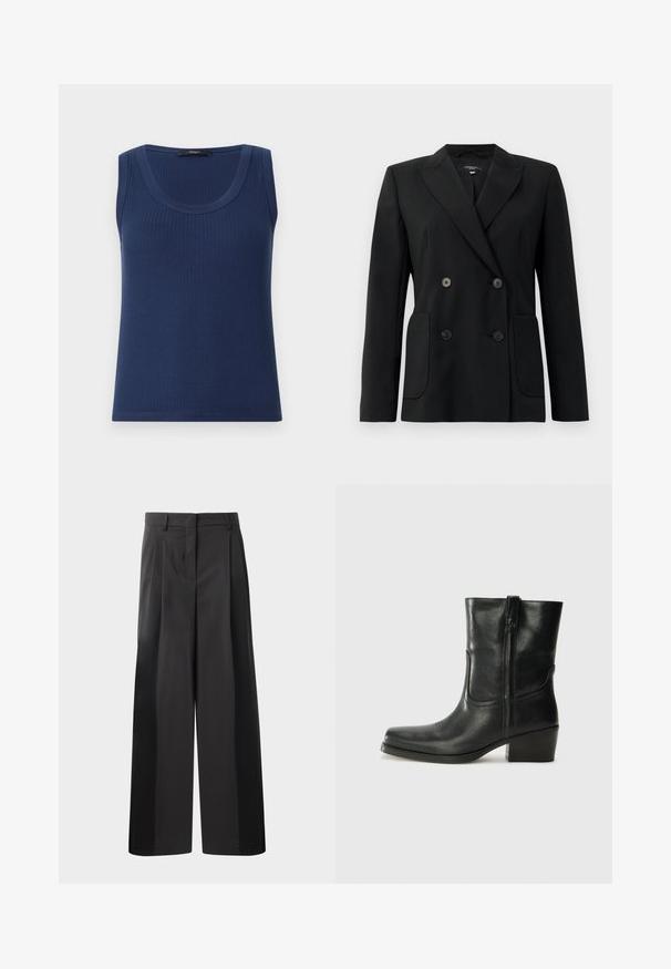 Melnā dubultā jaciņa, kas izgatavota no strukturēta auduma, ar griezumiem pie apkakles, divām priekšējām kabatām un četriem melniem pogām.; Tumši zila ribota bez piedurkņu blūze ar apaļu kakla izgriezumu. Izgatavota no mīksta auduma, ar pieguļošu dizainu un taisnu apakšmalu.; Melni platajā kājās bikses ar augsto jostasvietu, kas ar priekšējiem krokām, gludu tekstūru un pielāgotu apdari. Veidotas relaksētai piegrieztei.; Melna ādas potīte ar noapaļotu purngalu, bloku papēdi, sānu rāvējslēdzēju un šuvju akcentiem uz virsmas. Gluda tekstūra, klasiskā dizaina.
