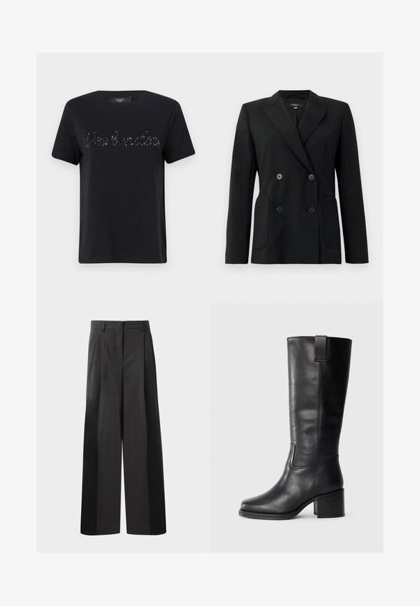 Sort dobbeltradet blazer lavet af struktureret stof, med klapkrave, to forlommer og fire sorte knapper.; Sort bomulds t-shirt med korte ærmer og rund halsudskæring. Forsiden har en palietbesat "Weekend" tekstdetalje i kursiv skrifttype.; Sort brede bukser med høj talje, med folder foran, en glat tekstur og en skræddermæssig finish. Designet til en afslappet pasform.; Sorte læderknæhøje støvler med en glat tekstur, firkantet tå, blokhæl og sideløkke, der har minimale syninger.