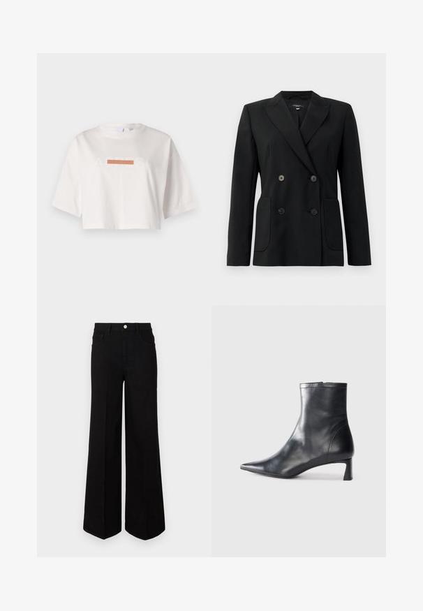 Fekete, kétsoros zakó, amely strukturált anyagból készült, kihajtott gallérral, két elülső zsebbel és négy fekete gombbal rendelkezik.; Fehér, rövid ujjú, pamutból készült cropped póló, amelyen "ACRESI" felirat és egy vízszintes narancssárga csík található.; Fekete, bő szárú farmernadrág, strapabíró anyagból készült, magas derékkal, elülső zsebekkel és elöl gombos záródással. Lapos szegély az alján.; Fekete bőr bokacsizma hegyes orral és letisztult dizájnnal. Alacsony sarka és hátsó cipzáras záródása van. Simának tűnő textúra.