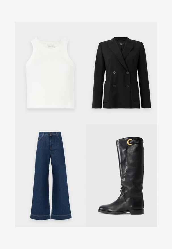 Zwarte dubbelgebreide blazer van gestructureerde stof, met notch revers, twee voord pockets en vier zwarte knopen.; Witte geribde tanktop met brede schouderbanden en een aansluitende silhouet. Met een klein reliëflogo nabij de zoom.; Brede blauwe denimjeans met een hoge taille, voorzien van een knoopsluiting, riemlussen en subtiele stikdetails langs de zakken en zoom.; Zwarte leren kniehoge laars met een ronde neus, vetersluiting aan de voorkant, zijdetail en een gouden accent gesp aan de bovenkant. Eersteklas afwerking.