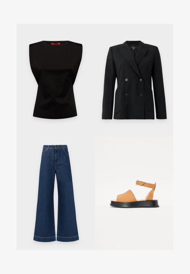 Mustvalge topeltkinnitatud bleiser, mis on valmistatud jäigast kangast, millel on kraed, kaks esist pocketit ja neli musta nööpi.; Mustamata õlatu topp, millel on struktureeritud õlga disain, sile tekstuur, ümmargune kaelus ja peen volditamine vöökohal.; Laia siniste denim pükste suur jalg, kõrge vöökoht, nupuga kinnitamine, vöökohad ja peened õmblusdetailid taskute ja äärte ääres.; Kohvatanne nahast sandaalid laia esiosa, avatud varvastega, reguleeritava rihmaga ja paksu musta platvormitaldiga. Sile tekstuur ja minimalistik disain.