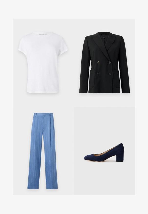 Blazer preto de dupla face feito de tecido estruturado, apresentando lapelas com corte em notch, dois bolsos frontais e quatro botões pretos.; T-shirt branca de manga curta com decote redondo, confeccionada em tecido leve, apresentando um design simples e limpo, sem adornos.; Calças largas de treino azul claro com riscas brancas verticais. Feitas de material liso, apresentam um plissado frontal e um design de cintura limpa.; Salgados de camurça azul-marinho com bico fino e um salto quadrado de altura média. Textura suave com um ligeiro brilho e um pequeno corte na parte da frente.