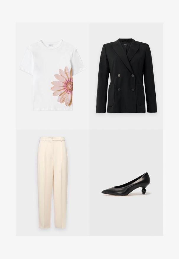 Čierny dvojradový blejzer vyrobený z pevnej látky, s klopami, dvoma prednými vreckami a štyrmi čiernymi gombíkmi.; Biele bavlnené tričko s veľkou grafikou ružovej a zlatej kvetiny na ľavej strane. Krátke rukávy a okrúhly výstrih.; Béžové nohavice na mieru s rovnom strihom, so záhybmi vpredu, hladkým textúrom a stredným pásom. Bez viditeľných vreciek.; Čierna kožená vysoká topánka na podpätku s ostrým špičkou a okrúhlym, guľatým podpätkom. Hladký povrch s moderným, minimalistickým dizajnom.