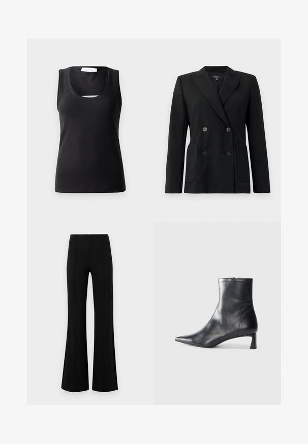 Juodas dvigubas švarkas, pagamintas iš struktūruotos medžiagos, su išpjautomis atlapomis, dviem priekinėmis kišenėmis ir taisyklingais juodais mygtukais.; Juodas be rankovių marškinėlis, pagamintas iš riboto audinio, su apvalia iškirpte ir mažu išpjovimu priekyje, suteikiančiu papildomą dizaino akcentą.; Juodos plačios kelnės su aukštu liemeniu, pagamintos iš tamprios medžiagos. Priekinėje dalyje yra vertikalūs siūlų akcentai ir lygus paviršius.; Juodas odinis kulkšninis batas su smailiu pirštu ir elegantišku dizainu. Turi žemą kulną ir užtrauktuką gale. Lygi tekstūra.