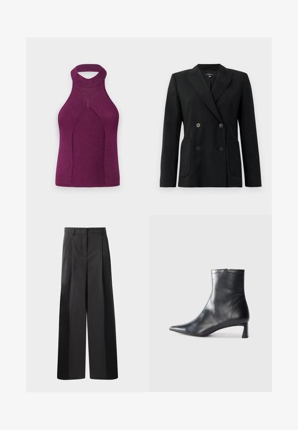 Schwarzer, doppelt gefütterter Blazer aus strukturiertem Stoff, mit Reverskragen, zwei Vordertaschen und vier schwarzen Knöpfen.; Rippstrick-Haltertop in Dunkelviolett mit hohem Kragen und ausgeschnittenem Rücken. Verfügt über ein nahtloses Design mit angedeuteter Form und figurbetonter Silhouette.; Schwarze, weit geschnittene Hose mit hoher Taille, versehen mit Frontfalten, einer glatten Textur und einem maßgeschneiderten Finish. Entworfen für eine lockere Passform.; Schwarze Lederstiefelette mit spitzer Zehe und schlankem Design. Verfügt über einen niedrigen Absatz und einen Reißverschluss hinten. Glatte Textur.