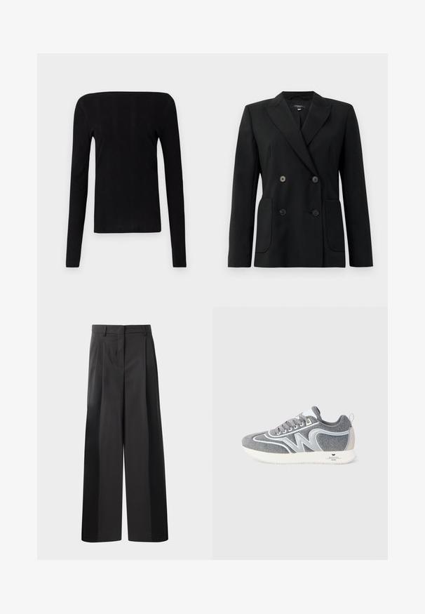 Mustvalge topeltkinnitatud bleiser, mis on valmistatud jäigast kangast, millel on kraed, kaks esist pocketit ja neli musta nööpi.; Must mustreppidega must pikkade varrukatega shirt, millel on sirge kaelus ja soonikkoes, omades joonistuvat siluetti ning ilma nähtavate detailide või kaunistusteta.; Mustad laiad püksid kõrge vöökohaga, millel on ees voldid, sile tekstuur ja õmmeldud viimistlus. Kujundatud lõdva istuvuse saavutamiseks.; Hallidega hall ja valge madalatel tossudel, millel on paelad, külgedel "W" kujund ja valge tallaga, millel on kannal bränd "Weekend Max Mara".