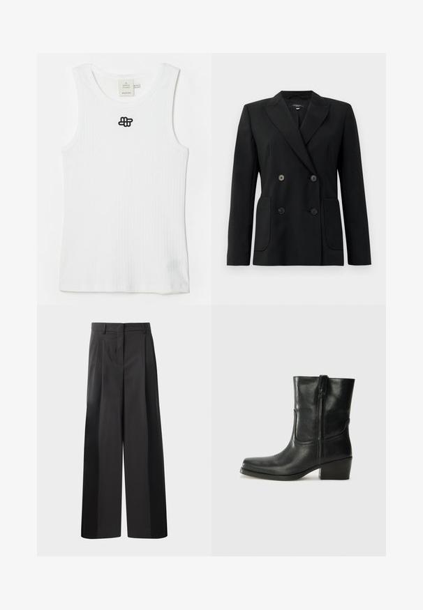 Black double-breasted blazer made of structured fabric, featuring notch lapels, two front pockets, and four black buttons.; White ribbed tank top made of cotton, featuring a round neckline and a black embroidered logo on the upper left. Simple design, sleeveless.; Black wide-leg trousers with a high waist, featuring front pleats, a smooth texture, and a tailored finish. Designed for a relaxed fit.; Black leather ankle boot with a rounded toe, block heel, side zipper, and stitching accents on the vamp. Smooth texture, classic design.