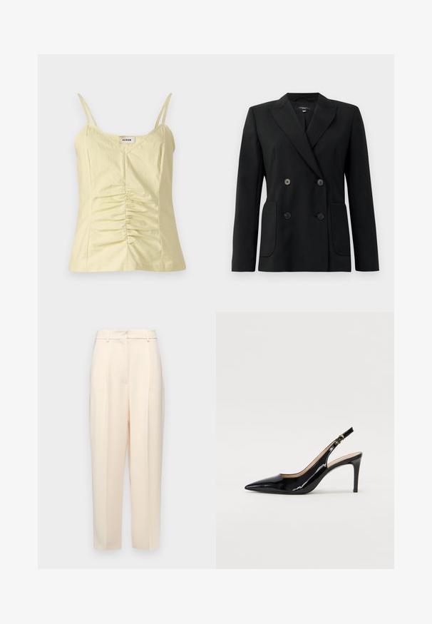 Juodas dvigubas švarkas, pagamintas iš struktūruotos medžiagos, su išpjautomis atlapomis, dviem priekinėmis kišenėmis ir taisyklingais juodais mygtukais.; Šviesiai geltona be rankovių palaidinė su reguliuojamais dirželiais ir susikaupimo detalėmis priekyje. Pagaminta iš tekstūruoto audinio, su V formos iškirpte.; Bežinės pritaikytos kelnės su tiesiu kirpimu, su raukšlėmis priekyje, lygia tekstūra ir vidutinio aukščio juosmens. Nematomos kišenės.; Juodas lakinės odos slingback batelis su smailiu nosiu, plonu kulnu ir subtiliu išpjovos dizainu. Yra auksinė sagtis ant dirželio.