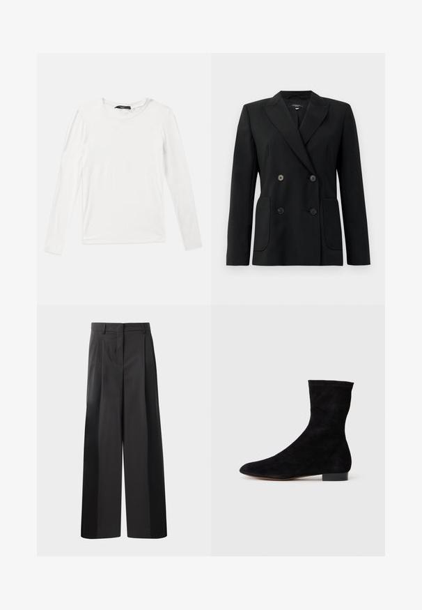 Black double-breasted blazer made of structured fabric, featuring notch lapels, two front pockets, and four black buttons.; White long-sleeve T-shirt made of soft fabric, featuring a classic crew neckline and a relaxed fit, with no visible patterns or accents.; Black wide-leg trousers with a high waist, featuring front pleats, a smooth texture, and a tailored finish. Designed for a relaxed fit.; Black suede ankle boot with a fitted shaft, pointed toe, and a low block heel. Smooth texture and minimalistic design, suitable for versatile styling.