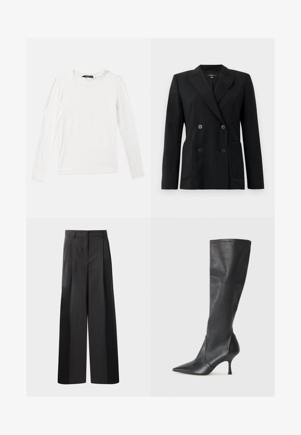 Melnā dubultā jaciņa, kas izgatavota no strukturēta auduma, ar griezumiem pie apkakles, divām priekšējām kabatām un četriem melniem pogām.; Balts garām piedurknēm T-krekls, izgatavots no mīksta auduma, ar klasisku apaļu izgriezumu un brīvu piegriezumu, bez redzamām rakstām vai akcentiem.; Melni platajā kājās bikses ar augsto jostasvietu, kas ar priekšējiem krokām, gludu tekstūru un pielāgotu apdari. Veidotas relaksētai piegrieztei.; Ceļa auguma melni ādas zābaki ar smailu purngalu un šauru stiletto papēdi. Gluda tekstūra ar pieguļošu dizainu un izšuvumiem augšējā malā.