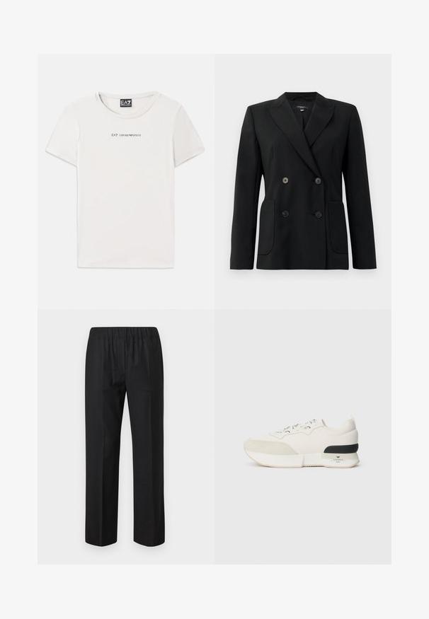 Juodas dvigubas švarkas, pagamintas iš struktūruotos medžiagos, su išpjautomis atlapomis, dviem priekinėmis kišenėmis ir taisyklingais juodais mygtukais.; Balta medvilninė marškinėliai su apvalia iškirpte ir trumpomis rankovėmis. Priekyje yra juodu tekstu parašyta "EA7 EMPORIO ARMANI".; Juodi sijonai su elastinga juosta, tiesaus kirpimo dizainu ir be matomų kišenių. Lygus audinys su matinio paviršiaus apdaila.; Balti sportiniai bateliai su tekstūruotu zomšiniu priekiu, sklandžiu tinkliniu viršumi, dekoratyviomis raištelėmis ir juodu guminiu kulno akcentu.