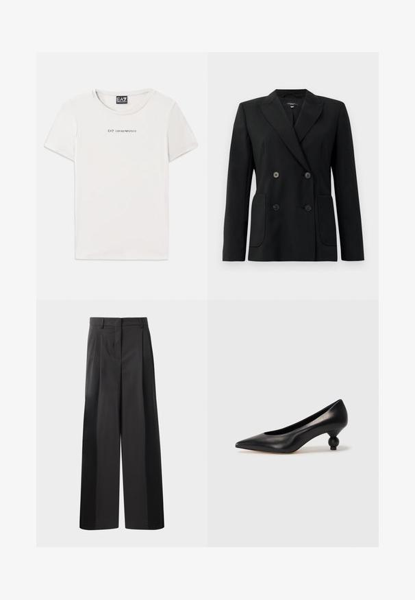 Musta kaksirivinen bleiseri, joka on valmistettu jämäkästä kankaasta ja jossa on asetelmalapelit, kaksi etutaskua ja neljä mustaa nappia.; Valkoinen puuvillainen t-paita, jossa on pyöreä pääntie ja lyhyet hihat. Rinnassa on mustalla tekstillä "EA7 EMPORIO ARMANI".; Mustat, leveälahkeiset housut korkealla vyötäröllä, etupleiteillä, sileällä pinnalla ja huolitellulla viimeistelyllä. Suunniteltu rentoon istuvuuteen.; Musta nahkakengät korkealla korolla, joissa on terävä kärki ja pyöreä, pallomainen korko. Sileä pinta ja tyylikäs, minimalistinen muotoilu.