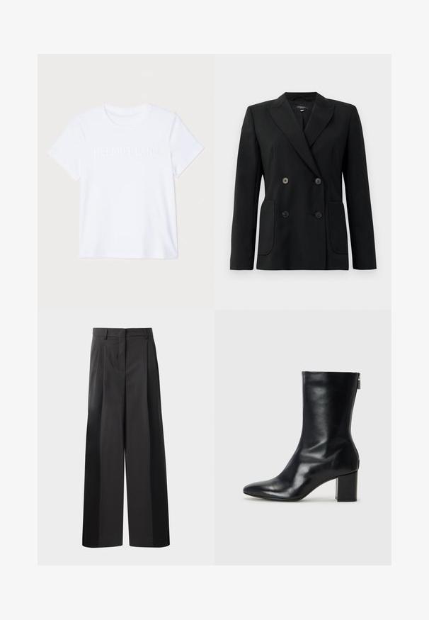 Schwarzer, doppelt gefütterter Blazer aus strukturiertem Stoff, mit Reverskragen, zwei Vordertaschen und vier schwarzen Knöpfen.; Weißes Baumwoll-T-Shirt mit kurzen Ärmeln, das das dezent geprägte Logo "HELMUT LANG" auf der Brust trägt. Rundhalsausschnitt, glatte Textur.; Schwarze, weit geschnittene Hose mit hoher Taille, versehen mit Frontfalten, einer glatten Textur und einem maßgeschneiderten Finish. Entworfen für eine lockere Passform.; Schwarze Leder-Ankle-Boots mit spitzer Zehe und 4 cm Blockabsatz. Schlankes Design mit einem seitlichen Reißverschluss für einfaches Anziehen. Glatte Textur.