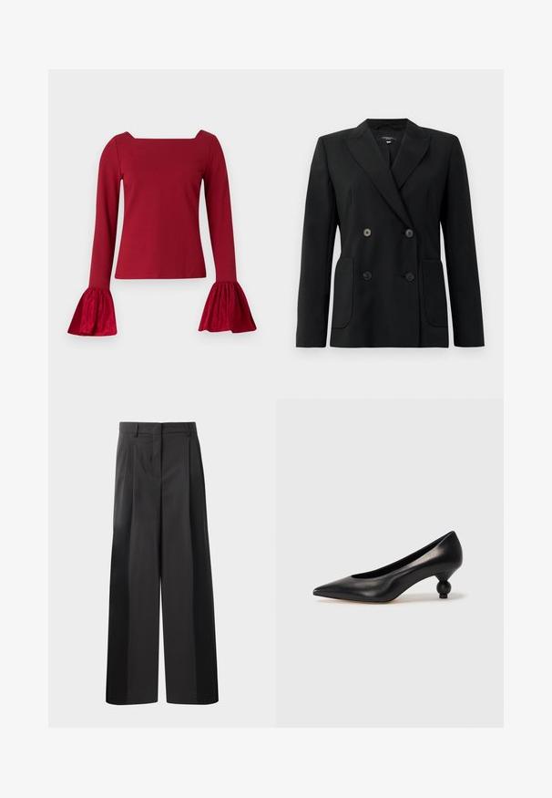 Sort dobbeltradet blazer lavet af struktureret stof, med klapkrave, to forlommer og fire sorte knapper.; Rød langærmet top med firkantet halsudskæring. Har flagrende, strukturerede ærmer og en glat krop. Fremstillet af blødt stof.; Sort brede bukser med høj talje, med folder foran, en glat tekstur og en skræddermæssig finish. Designet til en afslappet pasform.; Sort læder høje hæle med spids tå og rund, kugleformet hæl. Glat tekstur med et stilrent, minimalistisk design.