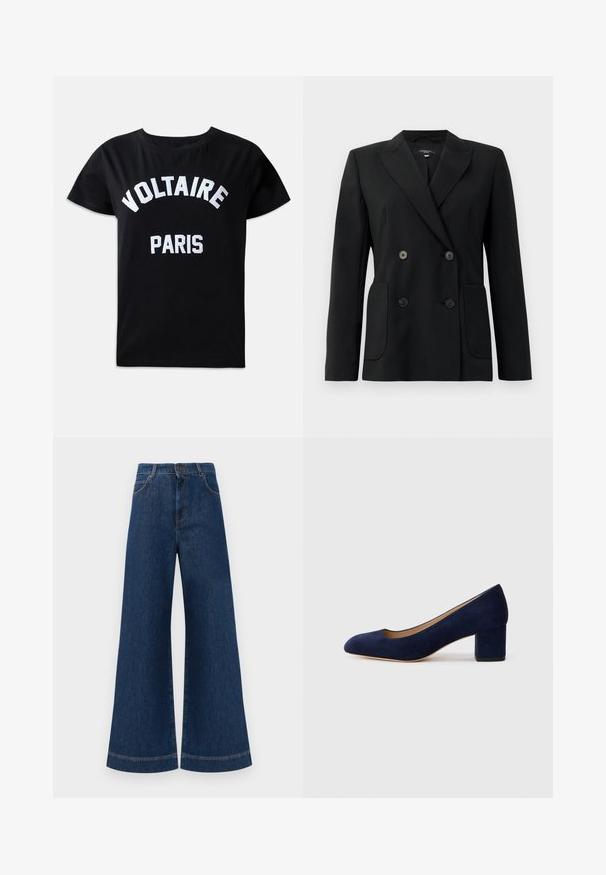 Sort dobbeltradet blazer lavet af struktureret stof, med klapkrave, to forlommer og fire sorte knapper.; Sort bomulds t-shirt med hvid broderet tekst, der står "VOLTAIRE PARIS" i fed skrift, rund hals og korte ærmer.; Bredde ben blå denim jeans med høj talje, der har knaplukning, bæltestropper og diskrete syninger langs lommerne og kanterne.; Marinblå ruskinds pumps med spids tå og en mellemstor blokhæl. Glat tekstur med en subtil glans og et lille udskæringer foran.