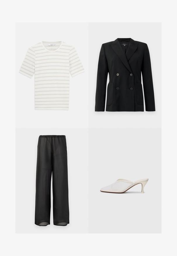Black double-breasted blazer made of structured fabric, featuring notch lapels, two front pockets, and four black buttons.; Striped short-sleeve t-shirt, made of lightweight cotton blend, featuring light beige and off-white stripes, round neckline, and soft texture.; Black wide-leg pants made of lightweight, semi-sheer fabric with an elastic waistband. The design features a flowing and relaxed silhouette.; White mesh pointed-toe mule with a slim mid-height heel and slip-on design against a plain background.