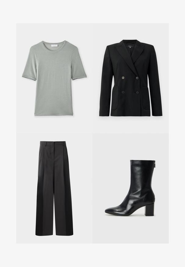 Černý dvouřadý blazer vyrobený z pevných tkanin, s klopovými límci, dvěma předními kapsami a čtyřmi černými knoflíky.; Tričko s krátkým rukávem a kulatým výstřihem v světle šedé barvě, vyrobené z měkké tkaniny s hladkou texturou a jemným prošitím na rukávech a výstřihu.; Černé kalhoty širokého střihu s vysokým pasem, které mají přední sklady, hladký povrch a upravený vzhled. Navrženy pro volný střih.; Černé kožené kotníkové boty s špičatou špičkou a blokovým podpatkem o výšce 4 cm. Elegantní design obsahuje boční zip pro snadné obouvání. Hladká textura.