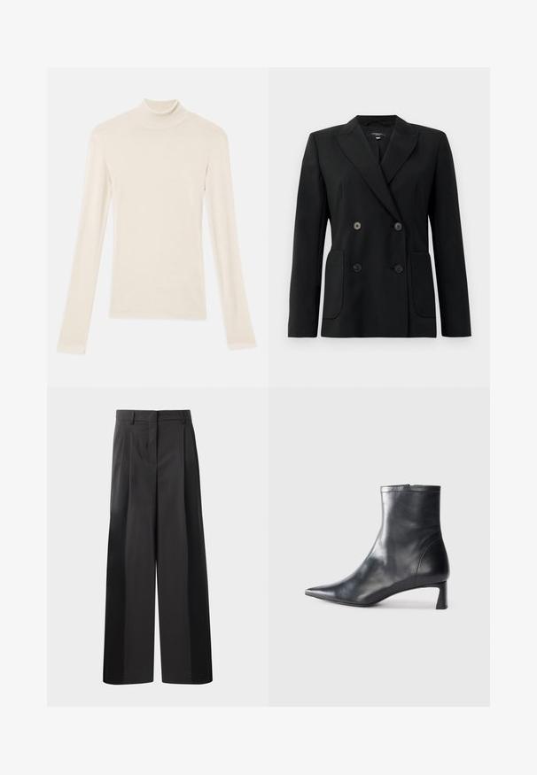 Blazer negru cu două rânduri de nasturi, realizat dintr-un material structurat, având rever cu decupaj, două buzunare frontale și patru nasturi negri.; Bluză crem cu guler înalt, mânecă lungă, realizată dintr-un material moale și ușor. Are un design ajustat, cu cusături fine și un guler îngust.; Pantaloni negri cu talie înaltă, cu picioare largi, având pliseuri frontale, o textură netedă și un finisaj croit. Concepuți pentru o croială relaxată.; Cizmă de gleznă din piele neagră cu vârf ascuțit și un design elegant. Dispune de un toc mic și de o închidere cu fermoar la spate. Textură netedă.