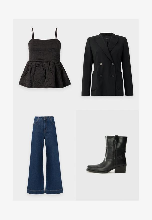 Črn dvoredni blazer iz strukturirane tkanine, z ovratnikom tipa notch, dvema sprednjima žepoma in štirimi črnimi gumbi.; Črn peplum top z nastavljivimi tankimi naramnicami, teksturirana tkanina z zavitimi vzorci in nabranim spodnjim robom za volumen.; Svetlo modri jeans širokih nogavic z visokim pasom, ki imajo zaponko, težke zanke za pas in subtilne šive ob žepih in robovih.; Črne usnjene gležnjarje z zaobljenim nosom, blok peto, stransko zadrgo in šivanjem na vampu. Gladka tekstura, klasična zasnova.