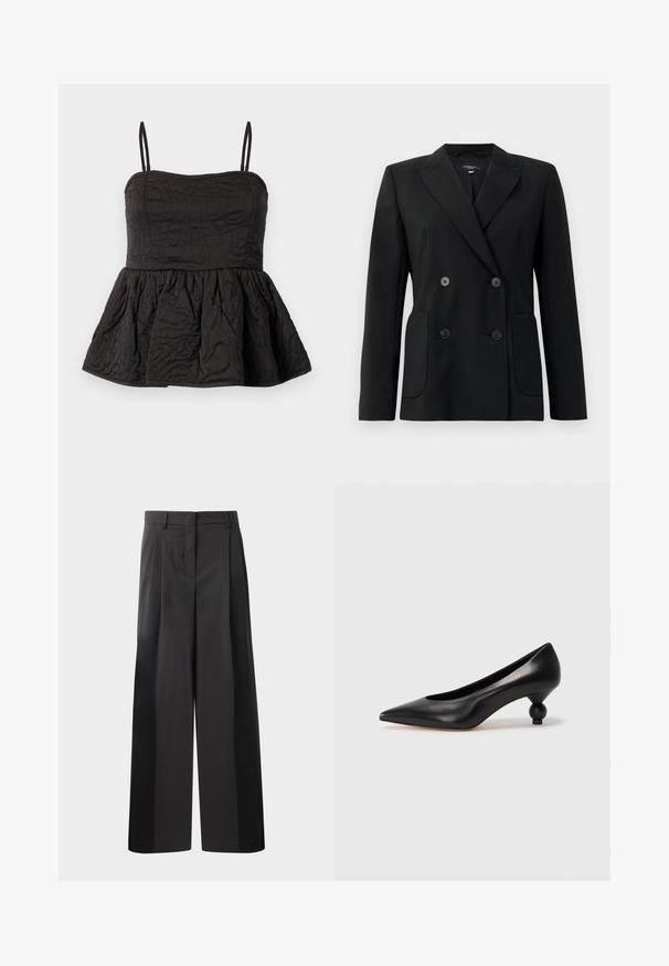 Black double-breasted blazer made of structured fabric, featuring notch lapels, two front pockets, and four black buttons.; Black peplum top with adjustable spaghetti straps, textured fabric featuring swirled design, and gathered lower hem for volume.; Black wide-leg trousers with a high waist, featuring front pleats, a smooth texture, and a tailored finish. Designed for a relaxed fit.; Black leather high heel shoe with a pointed toe and a round, balled heel. Smooth texture with a sleek, minimal design.