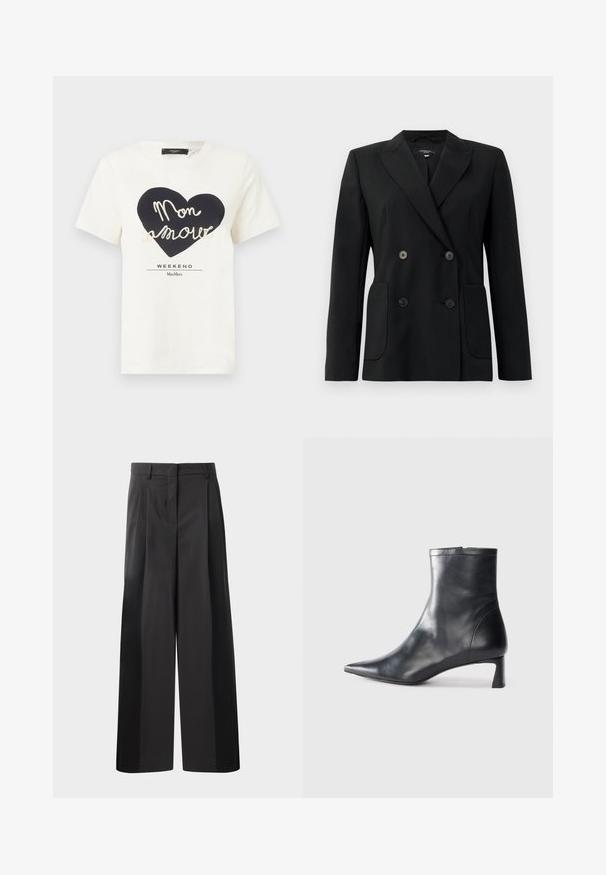 Black double-breasted blazer made of structured fabric, featuring notch lapels, two front pockets, and four black buttons.; White cotton t-shirt featuring a black heart graphic with "Mon amour" in white cursive text and “WEEKEND MaxMara” underneath.; Black wide-leg trousers with a high waist, featuring front pleats, a smooth texture, and a tailored finish. Designed for a relaxed fit.; Black leather ankle boot with a pointed toe and a sleek design. Features a low heel and a zipper closure at the back. Smooth texture.