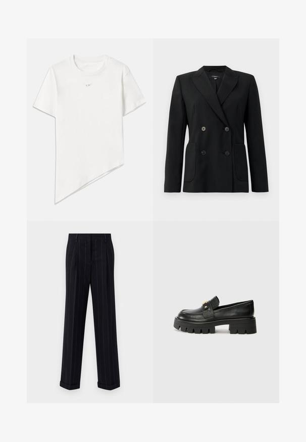 Crni dvostruki sako od čvrstog materijala, s reverima, dva prednja džepa i četiri crna dugmeta.; Bijela majica od pamuka. Ima okrugli izrez, kratke rukave i asimetričnu obrub s dijagonalnim rezom. Mali logo na prsima.; Crne prugaste hlače s krojem po mjeri, s opšivenim rubom i prednjim naborima. Izrađene od glatkog materijala s čvrstim dizajnom.; Crne kožne loafersice s debelim potplatom, s zlatnim akcentom sprijeda i glatkim završetkom. Debeli uzorak na potplatu.