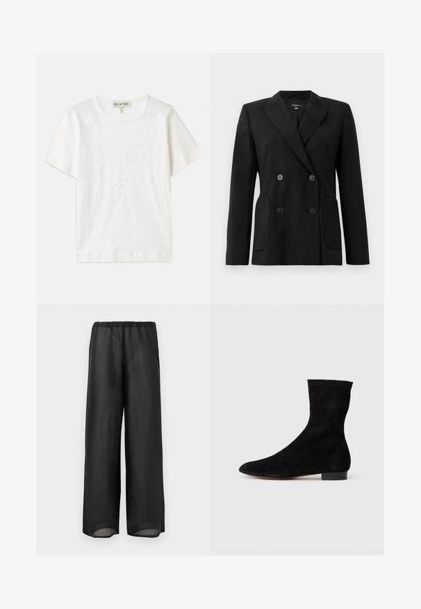 Juodas dvigubas švarkas, pagamintas iš struktūruotos medžiagos, su išpjautomis atlapomis, dviem priekinėmis kišenėmis ir taisyklingais juodais mygtukais.; Balta medvilnės marškinėliai su trumpomis rankovėmis, su gėlių siuvinėjimo dizainu priekyje ir apvalia iškirpte.; Juodos plačios kojinės kelnės iš lengvos, pusiau permatomos medžiagos su elastinga juosmens juosta. Dizainas pasižymi sraigia ir atsipalaidavusia silueto forma.; Juoda zomšo kulkšnė su prigludusia ašimi, smailiu pirštu ir žemu bloku. Lygus paviršius ir minimalistiškas dizainas, tinkantis įvairiems stiliams.