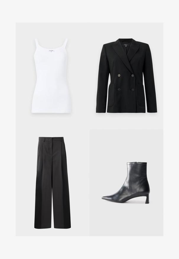 Blazer noir croisé en tissu structuré, avec des revers en pointe, deux poches avant et quatre boutons noirs.; Débardeur blanc à côtes avec des bretelles fines, présentant un design simple et une silhouette ajustée. Le tissu est lisse avec une légère élasticité.; Pantalon large noir avec une taille haute, doté de plis avant, d'une texture lisse et d'une finition ajustée. Conçu pour un ajustement décontracté.; Bottine en cuir noir avec un bout pointu et un design épuré. Présente un petit talon et une fermeture éclair à l'arrière. Texture lisse.
