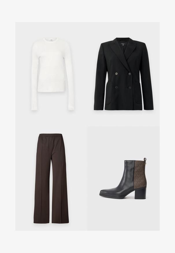 Mustvalge topeltkinnitatud bleiser, mis on valmistatud jäigast kangast, millel on kraed, kaks esist pocketit ja neli musta nööpi.; Valge pika varrukaga T-särk, mis on valmistatud pehmest puuvillast. Omab ümmargust dekolteed, vormitud siluetti ja sujuvat tekstuuri. Ei sisalda mustreid või aktsente.; Laiad sääred tumedast pruunist kangast püksid, elastse vöökohtaga, millel on sile tekstuur ja puhtad jooned, et saavutada kohandatud välimus.; Must musta ankle saapad, millel on külgedel tekstuurne pruun muster, plokknööp ja käepide, mis lihtsustab jalga panemist.