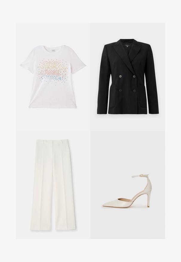 Sort dobbeltradet blazer lavet af struktureret stof, med klapkrave, to forlommer og fire sorte knapper.; Hvid, kortærmet t-shirt med farverige blomsterprints i gul, pink og blå. Blødt bomuldsstof med en afslappet pasform.; Breddebukser i lys creme farvet stof, med en glat tekstur, frontfolder og to sidelommer. Skræddersyet talje-design.; Hvide læder højhælede sko med spids tå, ankelrem og en slank stiletto-hæl. Glat tekstur med subtilt glansfuld finish.