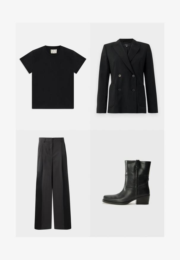 Schwarzer, doppelt gefütterter Blazer aus strukturiertem Stoff, mit Reverskragen, zwei Vordertaschen und vier schwarzen Knöpfen.; Schwarzes Kurzarm-T-Shirt mit Rundhalsausschnitt und einem weißen Etikett im Kragen, darauf steht "D.R.C. EST. 2002", vor einem weißen Hintergrund.; Schwarze, weit geschnittene Hose mit hoher Taille, versehen mit Frontfalten, einer glatten Textur und einem maßgeschneiderten Finish. Entworfen für eine lockere Passform.; Schwarze Leder-Ankle Boots mit runder Zehenform, Blockabsatz, seitlichem Reißverschluss und gestickten Akzenten auf dem Blatt. Glatte Textur, klassisches Design.