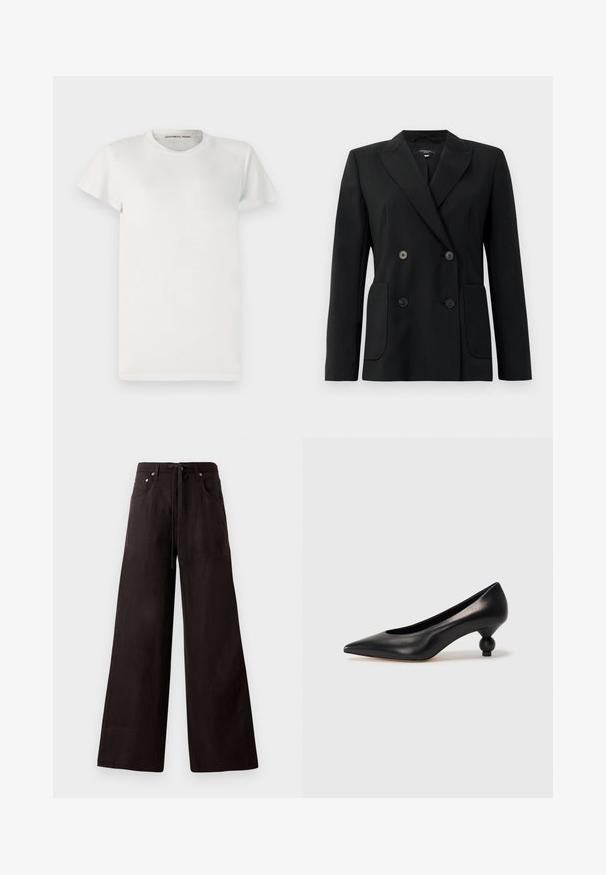 Zwarte dubbelgebreide blazer van gestructureerde stof, met notch revers, twee voord pockets en vier zwarte knopen.; Witte t-shirt met korte mouwen van katoen, met een ronde hals en eenvoudige snit. Labels tonen "DESIGNERS REMIX" aan de binnenkant van de kraag.; Zwarte wijde broek van lichtgewicht stof. Voorzien van een elastische taille met trekkoord, voorzakken en een subtiele textuur.; Zwarte leren hoge hak schoen met een spitse neus en een ronde, bolle hak. Gladde textuur met een elegant, minimalistisch ontwerp.