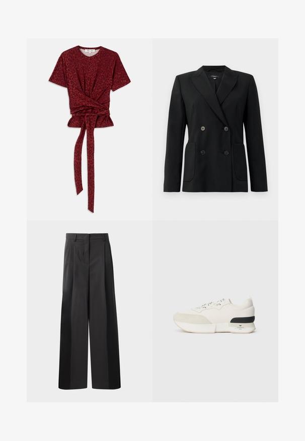 Blazer nero doppiopetto realizzato in tessuto strutturato, con rever a forma di pescante, due tasche frontali e quattro bottoni neri.; T-shirt con stampa leopardata rossa, colletto rotondo, maniche corte e dettaglio in vita annodato; realizzato in un morbido tessuto testurizzato.; Pantaloni neri a gamba larga con vita alta, caratterizzati da pieghe frontali, una texture liscia e una finitura sartoriale. Progettati per un fit rilassato.; Sneaker bianca con una punta in suede testurizzato, parte superiore in mesh liscia, lacci decorativi e un accento sul tallone in gomma nera.