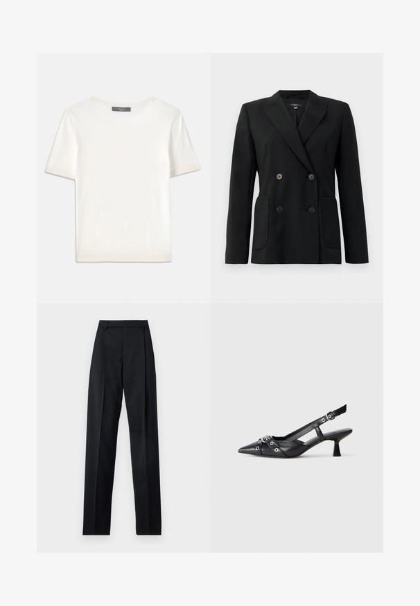 Schwarzer, doppelt gefütterter Blazer aus strukturiertem Stoff, mit Reverskragen, zwei Vordertaschen und vier schwarzen Knöpfen.; Weißes kurzärmliges Strickoberteil mit rundem Halsausschnitt, das eine glatte Textur und subtile Rippakzente an den Ärmeln und dem Saum aufweist.; Schwarze Hosen aus glattem Stoff mit hoher Taille, weitem Bein, vorderen Falten und klassischen Gürtelschlaufen. Keine sichtbaren Seitentaschen.; Schwarzer Leder-Slingback-Schuh mit spitz zulaufender Zehenpartie, dekorativen Riemen mit METALLÖSEN und niedrigem Blockabsatz. Strukturelle Oberfläche.
