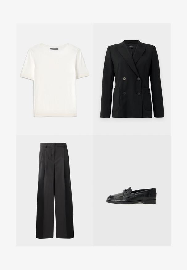Blazer noir croisé en tissu structuré, avec des revers en pointe, deux poches avant et quatre boutons noirs.; Haut tricot blanc à manches courtes avec un col rond, présentant une texture lisse et des accents côtelés subtils aux manches et à l'ourlet.; Pantalon large noir avec une taille haute, doté de plis avant, d'une texture lisse et d'une finition ajustée. Conçu pour un ajustement décontracté.; Mocassins en cuir noir avec une tige lisse, motif linéaire en relief et une boucle décorative sur le devant. Talon bas et carré.