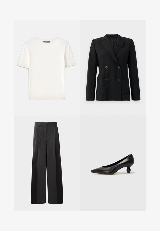 Schwarzer, doppelt gefütterter Blazer aus strukturiertem Stoff, mit Reverskragen, zwei Vordertaschen und vier schwarzen Knöpfen.; Weißes kurzärmliges Strickoberteil mit rundem Halsausschnitt, das eine glatte Textur und subtile Rippakzente an den Ärmeln und dem Saum aufweist.; Schwarze, weit geschnittene Hose mit hoher Taille, versehen mit Frontfalten, einer glatten Textur und einem maßgeschneiderten Finish. Entworfen für eine lockere Passform.; Schwarze Leder-Pumps mit spitzem Zehenbereich und runder, ballförmiger Ferse. Glatte Textur mit einem eleganten, minimalistischen Design.