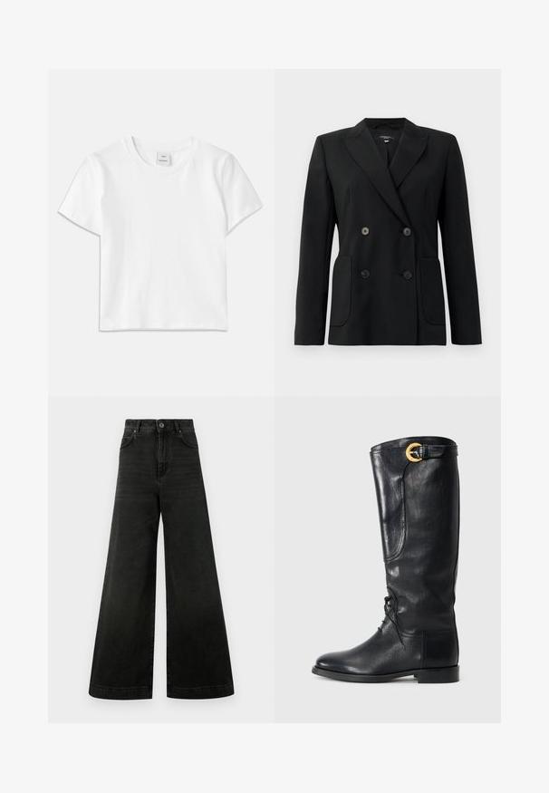 Zwarte dubbelgebreide blazer van gestructureerde stof, met notch revers, twee voord pockets en vier zwarte knopen.; Witte katoenen t-shirt met een ronde hals, korte mouwen en een rechte zoom. Label met "Won Hundred" aan de voorkant van de halslijn.; High-waisted, wide-leg spijkerbroek in donker zwart denim. Voorzien van een knoopsluiting, voorzakken en een gladde textuur met minimale vervaging.; Zwarte leren kniehoge laars met een ronde neus, vetersluiting aan de voorkant, zijdetail en een gouden accent gesp aan de bovenkant. Eersteklas afwerking.