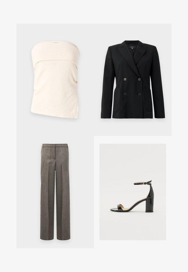 Zwarte dubbelgebreide blazer van gestructureerde stof, met notch revers, twee voord pockets en vier zwarte knopen.; Lichtbeige strapless top van gestructureerde stof, met een gevouwen ontwerp bij de halslijn en een losse pasvorm. Geen sluitingen of extra details.; Grijze geprinte broek met een op maat gemaakte design, brede pijpen en een zachte textuur, met een platte voorkant en riemlussen.; Zwarte lakleren sandaal met een brede hak, open teen en enkelbandje met een gouden gesp. Zachte textuur en strak ontwerp.