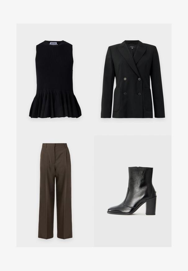 Mustvalge topeltkinnitatud bleiser, mis on valmistatud jäigast kangast, millel on kraed, kaks esist pocketit ja neli musta nööpi.; Must mustriba top, millelõhik, millel on laienev volditud äär. Kujundusel on ümmargune kaelus ja tekstuuritud viimistlus.; Pruunid laiad püksid sujuva tekstuuriga, kõrge vöökohaga, eesmine voltide ja kohandatud disainiga. Pole nähtavaid taskuid ega kaunistusi.; Must kõvale nahast pahklipsu saapad, millel on sile tekstuur, terav varvas ja paks kõrge kann. Omab külgavatust ja minimalistlikku disaini.