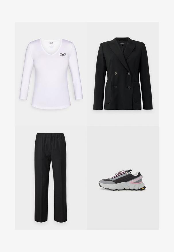 Čierny dvojradový blejzer vyrobený z pevnej látky, s klopami, dvoma prednými vreckami a štyrmi čiernymi gombíkmi.; Biely top s dlhým rukávom a výstrihom do V. Na ľavej strane je čierne logo EA7. Hladká, ľahká látka s priliehavým strihom.; Čierne nohavice s elastickým pásom, strihané do rovného strihu, bez viditeľných vreciek. Hladká látka s matným povrchom.; Športové topánky s čiernym a šedým zvrškom, textúrovanou sieťovinou, živými ružovými akcentmi, hrubou podrážkou a reflexnými prvkami pre bezpečné prispôsobenie.