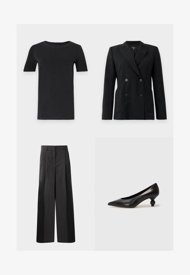 Black double-breasted blazer made of structured fabric, featuring notch lapels, two front pockets, and four black buttons.; Black short-sleeve t-shirt made of soft cotton, with a round neckline and a classic fit. Smooth texture, no patterns or embellishments.; Black wide-leg trousers with a high waist, featuring front pleats, a smooth texture, and a tailored finish. Designed for a relaxed fit.; Black leather high heel shoe with a pointed toe and a round, balled heel. Smooth texture with a sleek, minimal design.