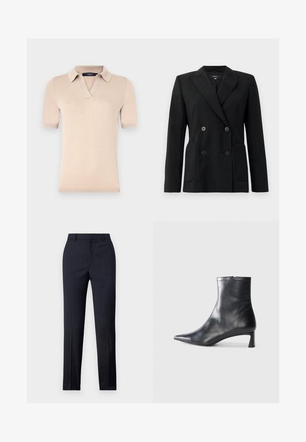 Fekete, kétsoros zakó, amely strukturált anyagból készült, kihajtott gallérral, két elülső zsebbel és négy fekete gombbal rendelkezik.; Bézs rövid ujjú polo póló, puha kötött anyagból készült. V-nyakú gallérral és bordázott mandzsettával rendelkezik. Sima textúra, testhezálló fazon.; Tengerészkék, egyenes szabású, szabott nadrág sima textúrával, két elülső zsebbel és letisztult derékkal.; Fekete bőr bokacsizma hegyes orral és letisztult dizájnnal. Alacsony sarka és hátsó cipzáras záródása van. Simának tűnő textúra.