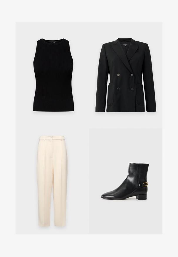 Fekete, kétsoros zakó, amely strukturált anyagból készült, kihajtott gallérral, két elülső zsebbel és négy fekete gombbal rendelkezik.; Weekend Max Mara OLIMPO - Felső - nero; Beige, egyenes szabású testre szabott nadrág, elöl plisszírozással, sima textúrával és közepes derékkal. Nincsenek látható zsebek.; Fekete bőrből készült bokacsizma hegyes orral, tömbsarkúval és díszes arany csattal a hátulján. Sima felület, minimális dizájn.