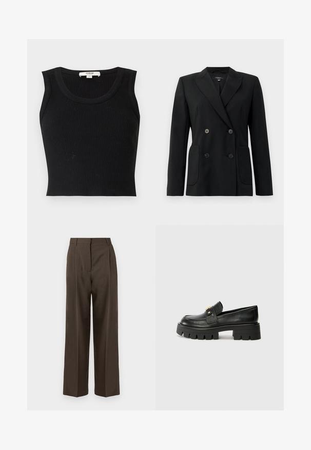 Musta kaksirivinen bleiseri, joka on valmistettu jämäkästä kankaasta ja jossa on asetelmalapelit, kaksi etutaskua ja neljä mustaa nappia.; Agolde CROPPED POPPY TANK - Toppi - black; Ruske leve hlače širokega kroja z gladkim materialom, ki imajo visok pas, sprednje gube in krojen dizajn. Brez vidnih žepov ali okrasnih detajlov.; Mustat nahkakengät, joissa on paksu pohja, kultaisella korostuksella edessä ja sileällä pinnalla. Paksu kuvio pohjassa.