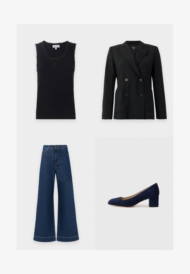 Svart dubbelknäppt blazer i strukturerad tyg, med snedskärning på slag, två framfickor och fyra svarta knappar.; Svart ribbad linne med rund halsringning, scallopade kanter och diskret "PJ" broderi i mitten. Tillverkat av mjukt tyg.; Bredda blå denimjeans med hög midja, med knappstängning, bältesögglor och subtila sömdetaljer längs fickorna och fållarna.; Mörkblå mockapumps med spetsig tå och medelhög blockklack. Slät textur med en subtil glans och en liten utskärning framtill.