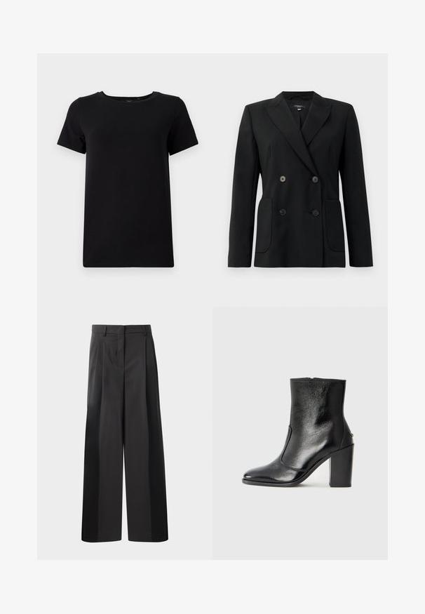 Schwarzer, doppelt gefütterter Blazer aus strukturiertem Stoff, mit Reverskragen, zwei Vordertaschen und vier schwarzen Knöpfen.; Schwarzes T-Shirt aus weicher Baumwolle, mit Rundhalsausschnitt und kurzen Ärmeln in einem schlichten, nahtlosen Design. Keine Muster oder Akzente.; Schwarze, weit geschnittene Hose mit hoher Taille, versehen mit Frontfalten, einer glatten Textur und einem maßgeschneiderten Finish. Entworfen für eine lockere Passform.; Schwarze Leder-Stiefelette mit glatter Textur, spitzem Fuß und klobigem hohen Absatz. Verfügt über eine seitliche Öffnung und ein minimalistisches Design.