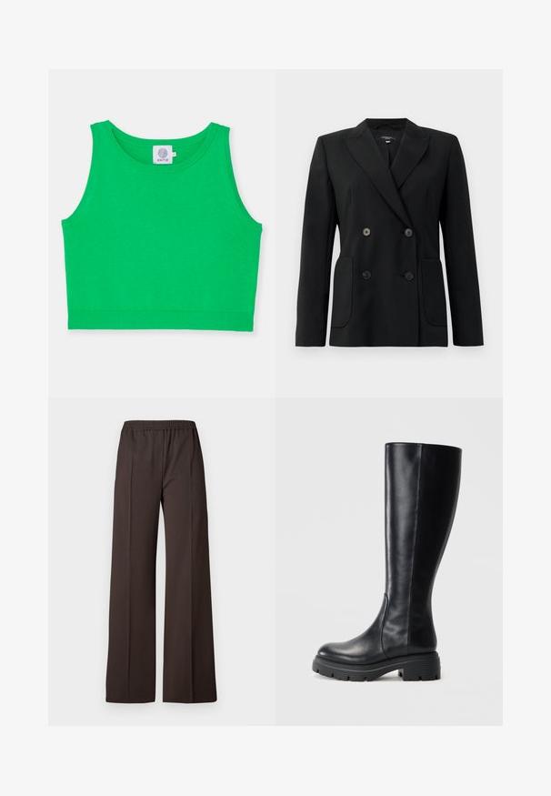 Musta kaksirivinen bleiseri, joka on valmistettu jämäkästä kankaasta ja jossa on asetelmalapelit, kaksi etutaskua ja neljä mustaa nappia.; Vihreä lyhyet crop-top, joka on valmistettu pehmeästä kankaasta, pyöreällä kaula-aukolla ja ribbaustyylillä. Ei kuvioita tai yksityiskohtia. Tagi näkyvillä kaula-aukossa.; Laiskanlahkeat housut tummanruskeasta kankaasta, jossa on joustava vyötärö. Housuissa on sileä pinta ja siistit linjat muodikkaan ilmeen saavuttamiseksi.; Mustat polvipituiset saappaat, jotka on valmistettu sileästä nahasta. Niissä on pyöristetty kärki ja tukeva kumipohja, jossa on urat hyväksi pidoksi.