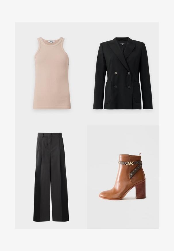 Svart dubbelknäppt blazer i strukturerad tyg, med snedskärning på slag, två framfickor och fyra svarta knappar.; Beige ribbad linne med vid halsringning och ärmlös design. Mjuk textur, figurnära passform och minimalistisk stil. Varumärkesetikett synlig.; Svarta byxor med vida ben och hög midja, med framveck, en slät textur och en skräddarsydd finish. Designade för en avslappnad passform.; Brun läderankelboot med staplad blockklack, sidrem med guldnitar och en guld "MK"-logobuckle.