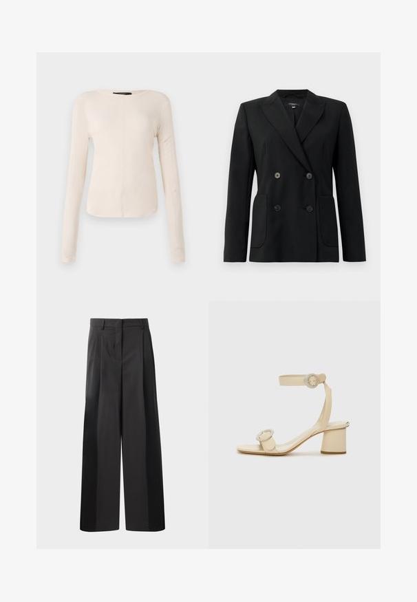 Blazer negro de doble botonadura, hecho de una tela estructurada, con solapas de muesca, dos bolsillos frontales y cuatro botones negros.; Top de manga larga, color beige claro, con cuello redondo. Fabricado en un tejido suave, presenta una costura central y un dobladillo ligeramente curvado. Sin herrajes visibles.; Pantalones de pierna ancha negros con cintura alta, que presentan pliegues en la parte delantera, una textura suave y un acabado a medida. Diseñados para un ajuste relajado.; Sandalias de tacón beige con punta cuadrada, correa ajustable en el tobillo y dos detalles de hebilla redonda. Textura de cuero suave y tacón cuadrado.