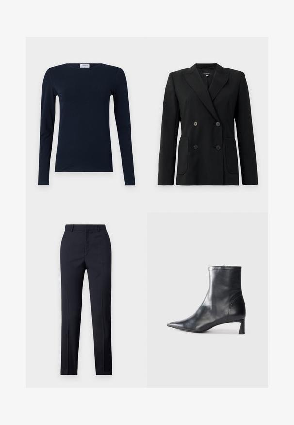 Crni dvostruki sako od čvrstog materijala, s reverima, dva prednja džepa i četiri crna dugmeta.; Mornarski dukserica s dugim rukavima izrađena od mekog pamuka. Ima okrugli izrez, uski kroj i redoviti rub bez vidljivih uzoraka ili naglasaka.; Mornarsko plave krojene hlače ravnog kroja, sa glatkom teksturom, dvije prednje džepove i urednim pojasom.; Crne kožne gležnjače s uskim vrhom i elegantnim dizajnom. Imaju niski potpetak i zatvaranje na patentni zatvarač straga. Glatka tekstura.